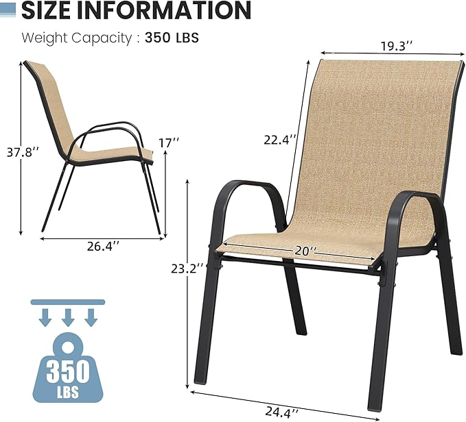 Patio Dining Chair Set of 6, Outdoor Stackable Dining Chairs High Back for All Weather, Patio Furniture for Backyard, Porch, Garden, Pool Deck (Brown) - Image 3