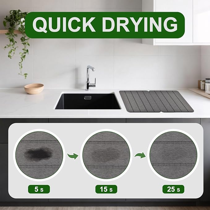 Stone Drying Mat for Kitchen Counter, 2 Pack 16''x12'' Quick Dish Drying Stone - Image 5
