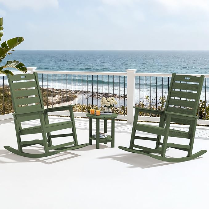 SERWALL Outdoor Rocking Chair Set of 4, Oversized HDPE Patio Rocking Chair with Footrest for Adults, All Weather Porch Rocker for Deck Patio Balcony, Avocado Green - Image 10