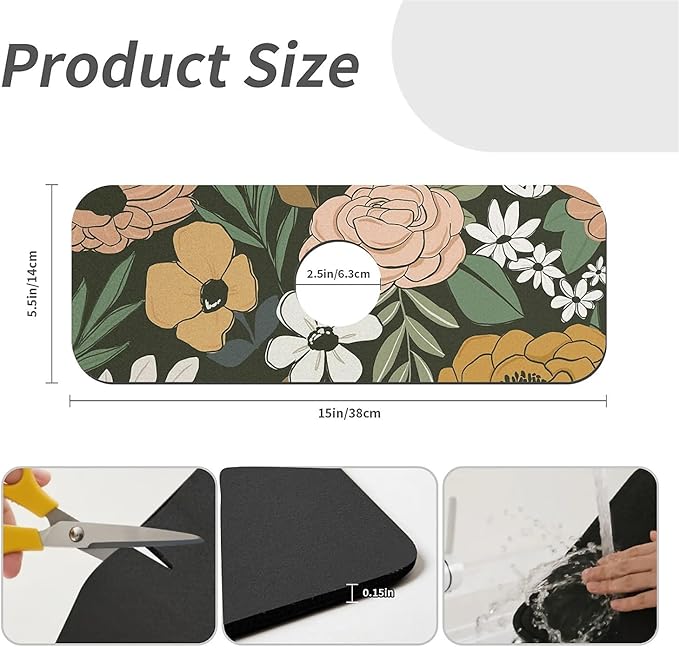 Kitchen Sink Splash Guard，Vintage Large Floral Faucet Mat Sink Gadgets-Super - Image 3
