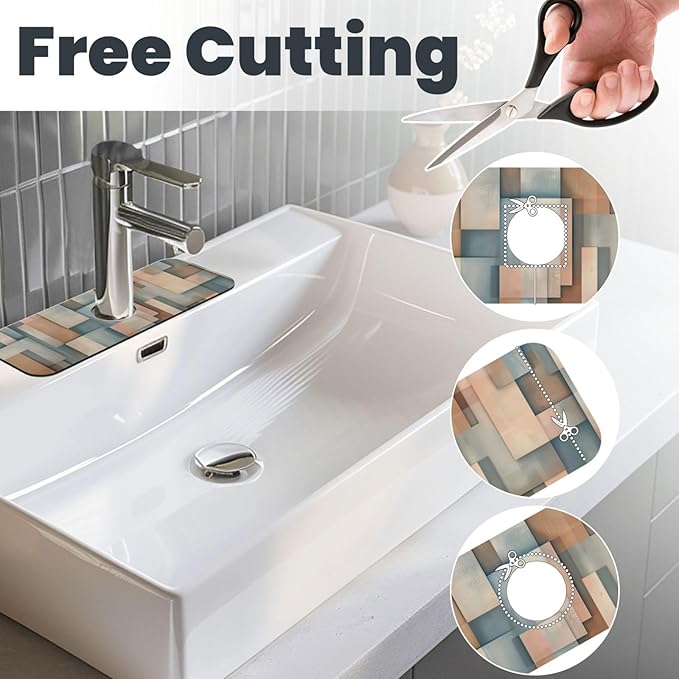 Faucet Draining Mat For Kitchen Sink, Geometric Shapes Brown Beige Diatom Mud - Image 3