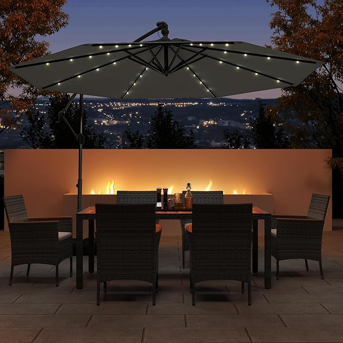Tangkula 10ft Solar LED Patio Umbrella with Base, Offset Cantilever Outdoor Umbrella with 32 LED Lights, Infinite Tilt, 360 Degree Rotation, Crank Handle for Pool Deck Garden Backyard (Gray) - Image 2