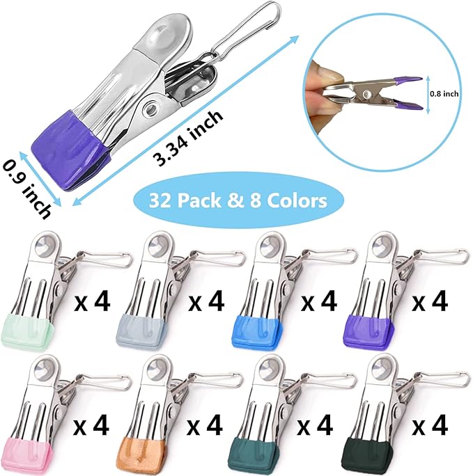 Clothes Pins with Removable Hook, 32 Pack Stainless Steel Colored Clothespins - Image 2