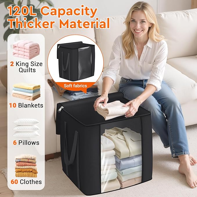 120L Extra Large Clothes Storage Bags, Foldable Blanket Storage and Organization - Image 3