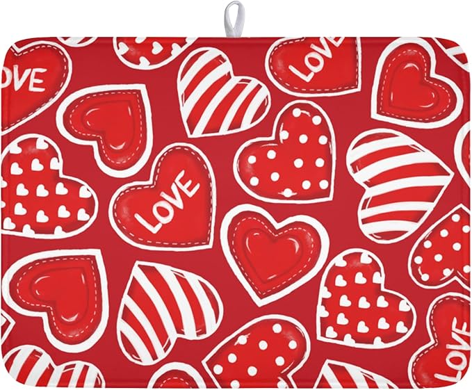 Valentines Day Dish Drying Mat for Kitchen Counter Red Polka Dot Stripe Love by Kawani