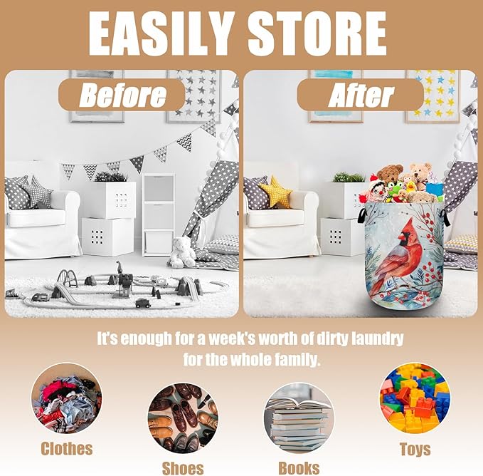 Watercolor Red Bird Laundry Basket, Foldable Winter Cardinal Laundry Hamper - Image 3