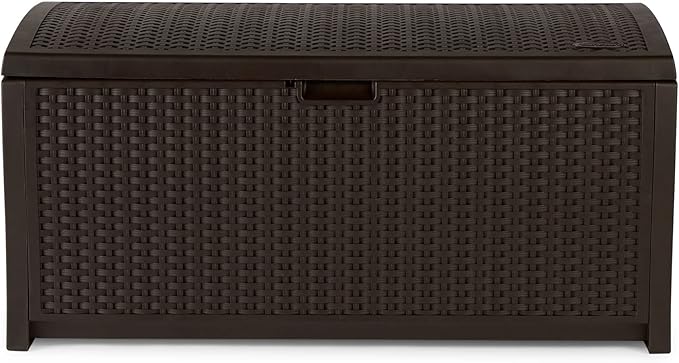 Suncast Outdoor Storage Box - 73 Gallon Mocha Brown Deck Box for Patio, Waterproof Outdoor Storage Bench, Resin Wicker Style, Heavy-Duty, Lockable Lid for Cushions, Shoes, Pool & Garden Gear - Image 7