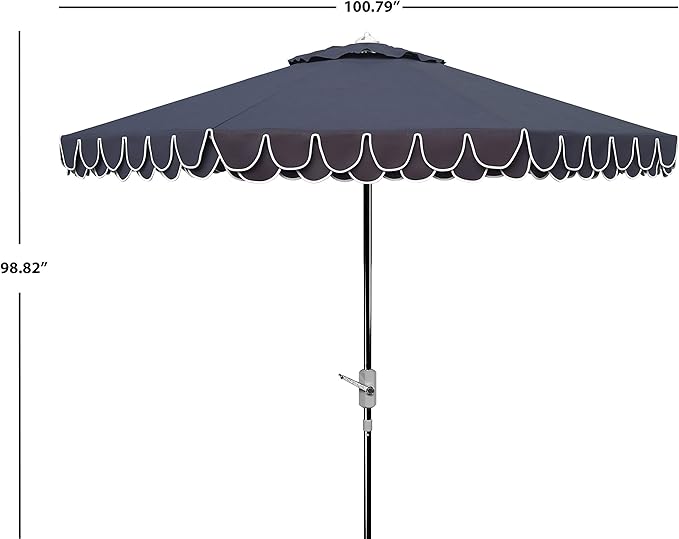SAFAVIEH 9ft Outdoor Patio Umbrella, Round, Valance, White & Navy Trim, Auto Crank Tilt, UV Resistant for Deck, Backyard, Poolside (PAT8006G) - Image 7