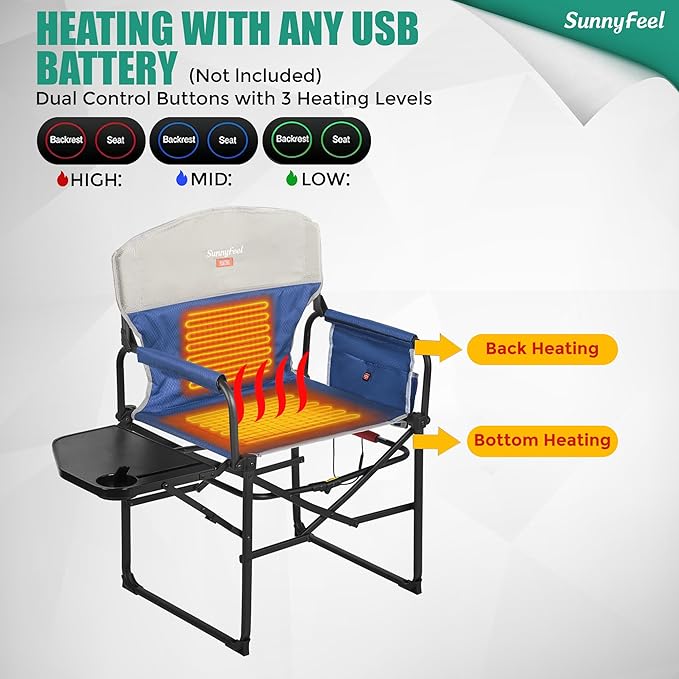 SUNNYFEEL Heated Camping Directors Chair, Heavy Duty,Oversized Outdoor Portable Heating Folding Chair with Side Table, Pocket for Beach, Fishing,Trip,Picnic,Lawn,Concert Foldable Camp Chairs - Image 5