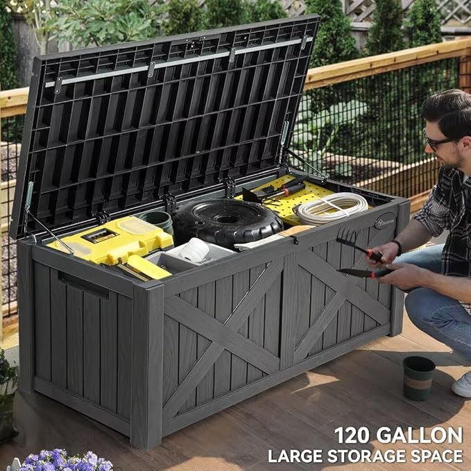 YITAHOME 150 Gallon Large Deck Box with X-Shaped Front, Resin Outdoor Storage Boxes, Waterproof Cushion Storage Bench for Patio, Pool Supplies, Garden Tools - Lockable, Dark Gray - Image 5