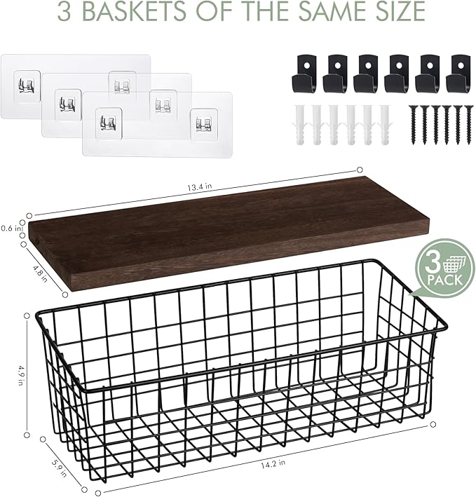 Wall Hanging Baskets 3 Pack, Diversified Wire Basket Shelves of Wooden Style - Image 2