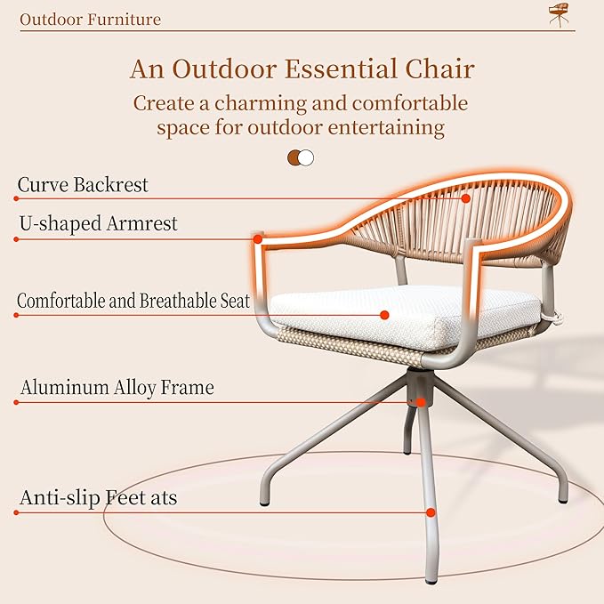 TWT Patio Dining Chairs Outdoor Stackable Dining Chairs for All Weather, Breathable Textilene Garden Outdoor Furniture for Backyard Deck (Brown, Rotatable Set of 2) - Image 4