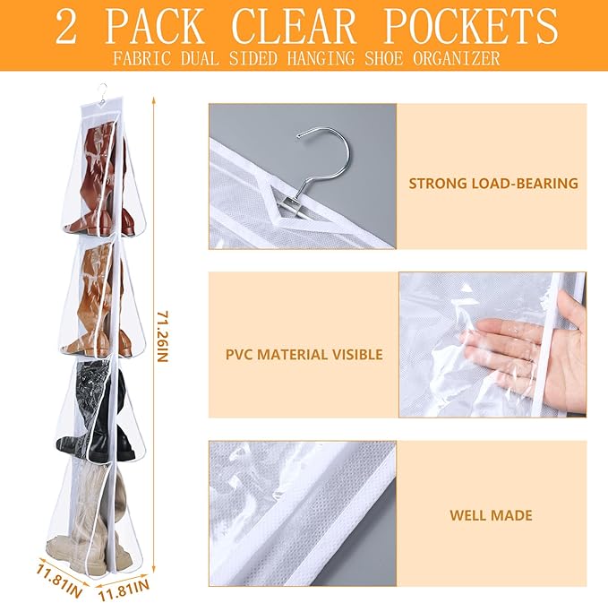 Windyun Sets 16 Large Clear Pockets Fabric Dual Sided Hanging Shoe Rack - Image 2