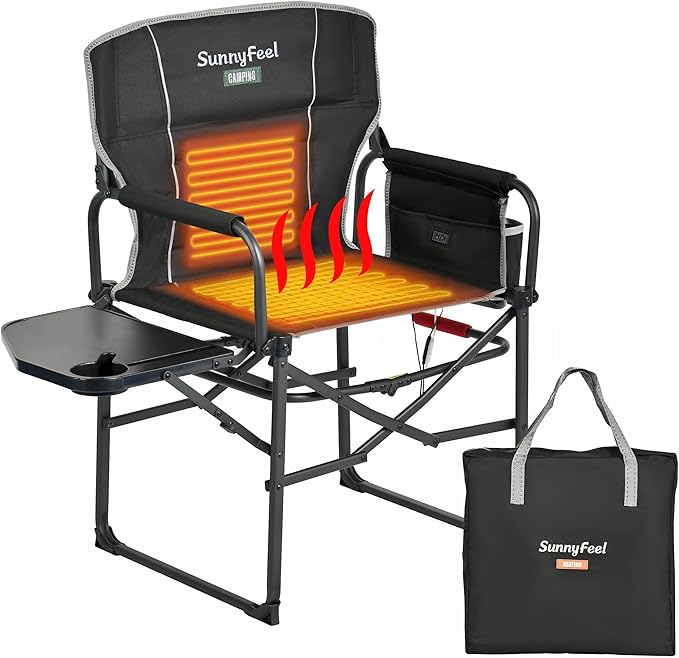 SUNNYFEEL Heated Camping Directors Chair, Heavy Duty,Oversized Outdoor Portable Heating Folding Chair with Side Table, Pocket for Beach, Fishing,Trip,Picnic,Lawn,Concert Foldable Camp Chairs by SunnyFeelCamping