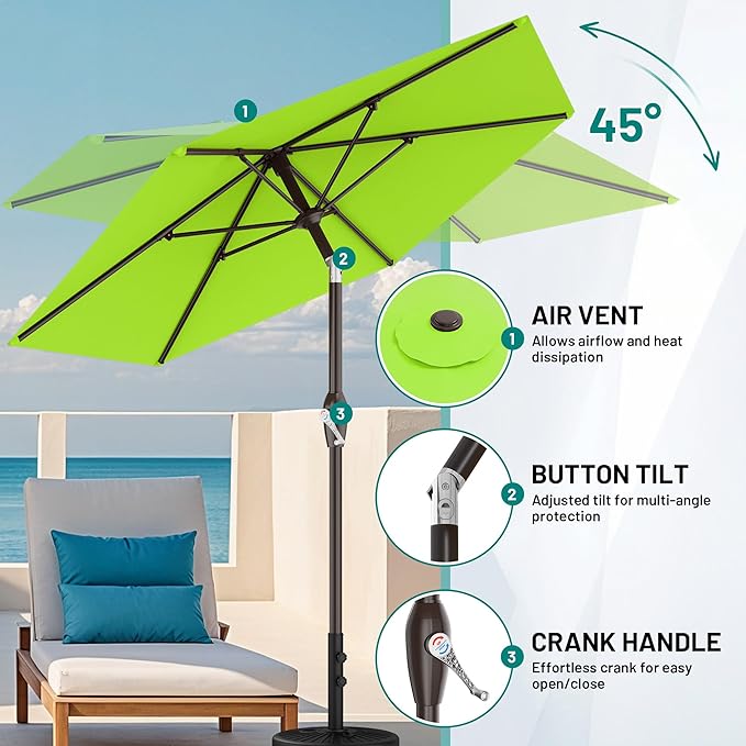 AreShark 7.5FT Patio Umbrella Table Market Umbrella with 6 Sturdy Ribs, Button Tilt/Crank Heavy-Duty Round Outdoor Umbrellas for Garden, Deck, Backyard,and Pool, Apple Green - Image 5