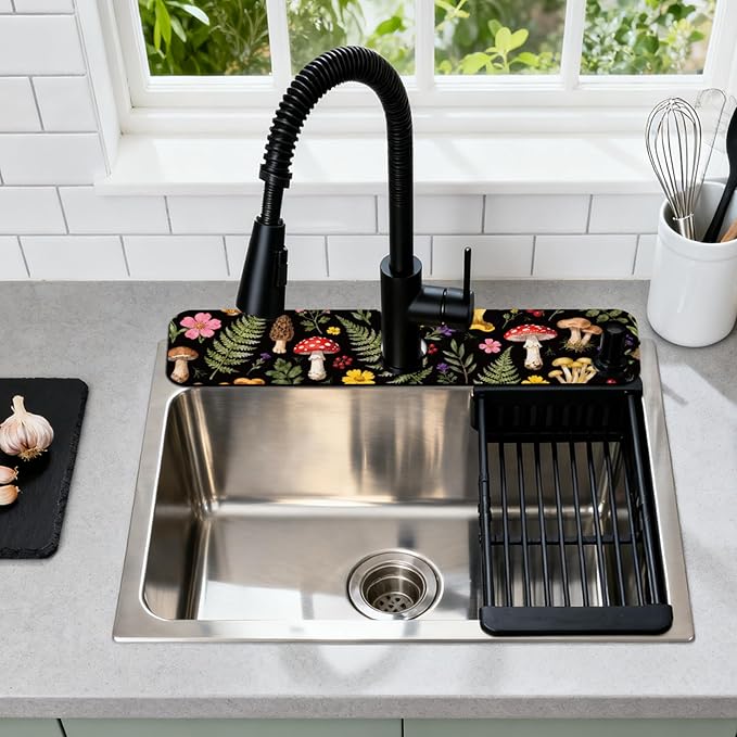 2 Pcs Kitchen Sink Splash Guard Faucet Mats Colorful Mushrooms and Flowers - Image 3