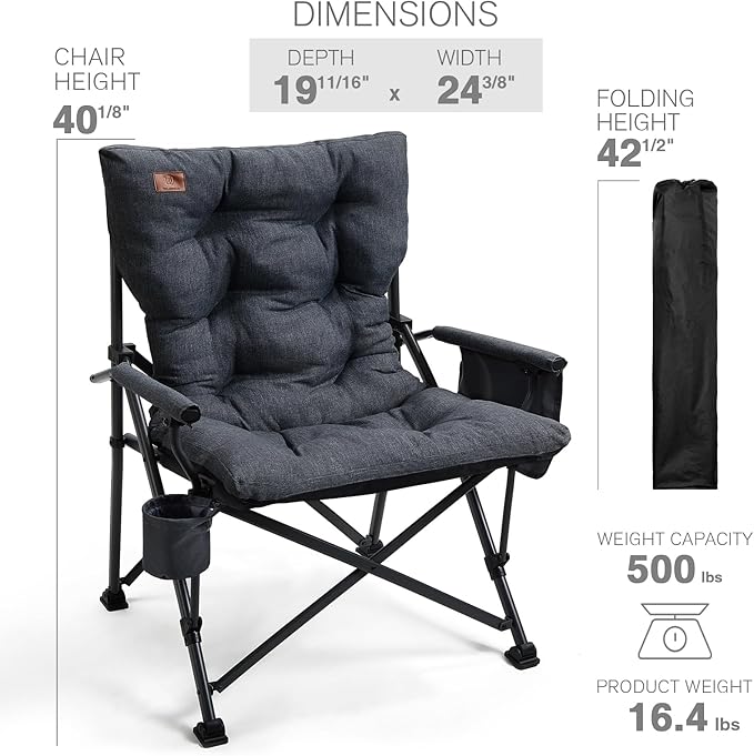 EVER ADVANCED Padded Oversized Folding Camping Chair for Adults, Heavy Duty Lawn Chair with Side Pockets, Portable Collapsible Quad Chair for Outside, Support Up to 500lbs, Black - Image 7