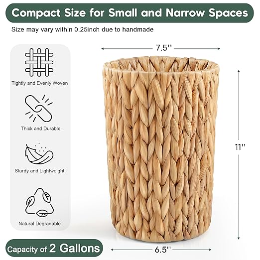 2 Gallon Wicker Trash Can, Woven Water Hyacinth Wicker Waste Basket - Image 2