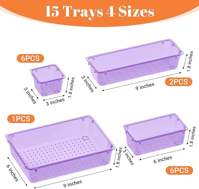 15 PCS Clear Plastic Drawer Organizer Set, 4-Size Acrylic Drawer Storage Trays - Image 3