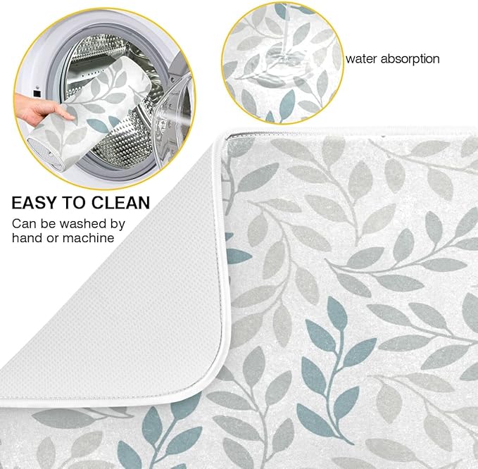 Grey and Blue Leaves branches Dish Drying Mat 18x24 - Image 2