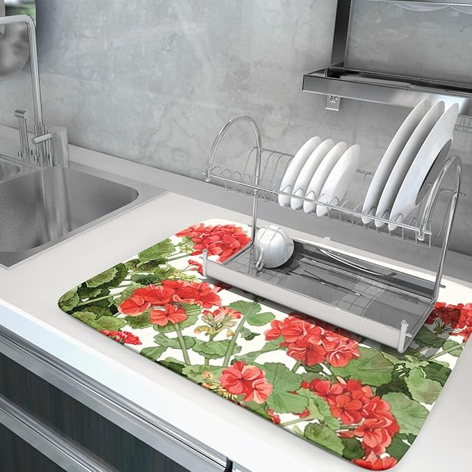 Spring Dish Drying Mat for Kitchen Counter Geranium Summer Floral Absorbent - Image 5