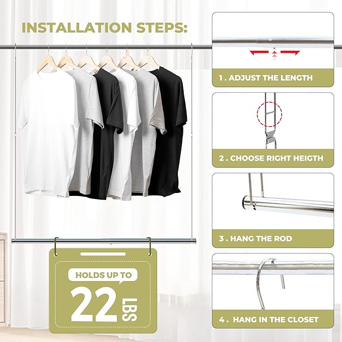 Hanging Closet Rod, 17-29In Adjustable Width and Up to 37In Height Adjustable - Image 2
