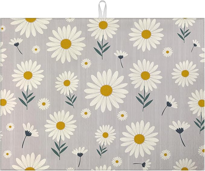 White Daisy Flowers Dish Drying Mat by VisittheDuibelproduct