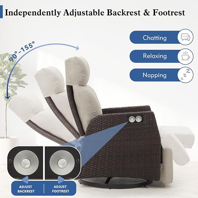 Adjustable Outdoor Recliner Chair with Independent Backrest & Footrest, Patio Swivel Recliner Chair, Wicker Reclining Patio Chair w/Flip-Up Table, 155° Lay Flat Chaise Lounge, Beige, 2PCS - Image 4