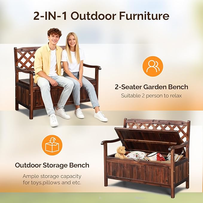 VINGLI Outdoor Storage Bench, Large Wood Deck Box with Seating, Weatherproof Outdoor Bench with Storage Loveseat, 2-Person Wooden Patio Bench for Entryway, Backyard, Garden - Image 7
