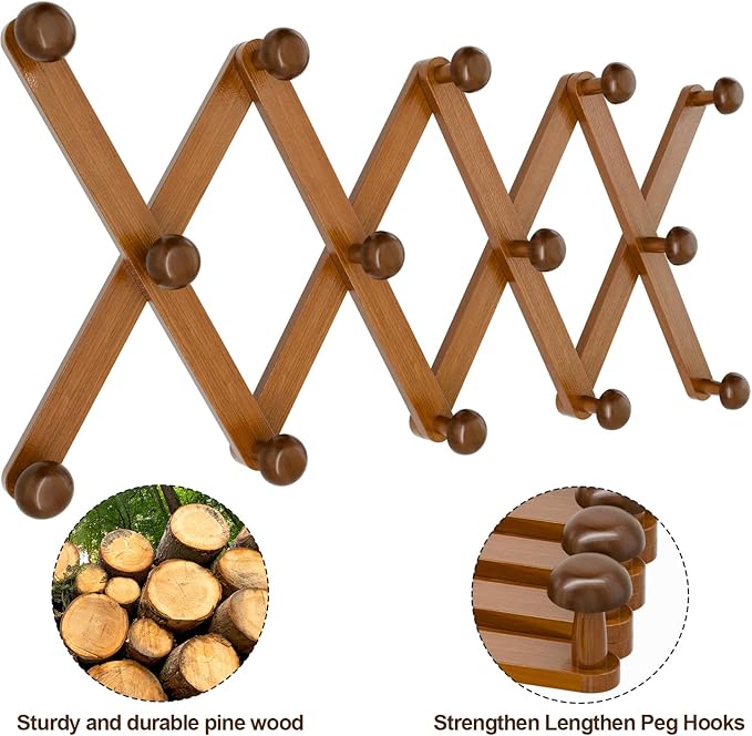 WGFKVAS Hat Rack for Wall with 14 Hooks, Solid Wooden, Expandable Coat Rack - Image 4