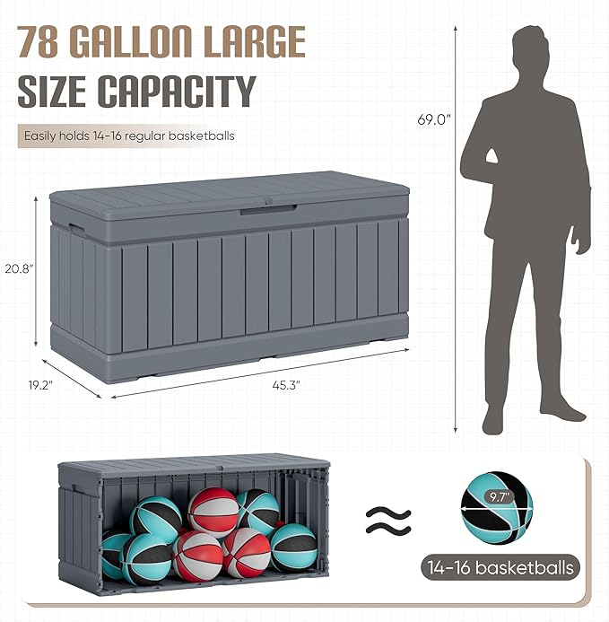 JUMMICO 78 Gallon Outdoor Deck Box Large Resin Storage Box for Patio Furniture Cushions, and Garden Tools (Gray) - Image 5