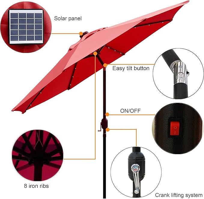 Blissun 9 ft Solar Umbrella, 32 LED Lighted Patio Umbrella, Table Market Umbrella, Outdoor Umbrella for Garden, Deck, Backyard, Pool and Beach (Red) - Image 2