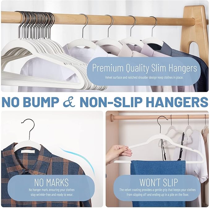 HOUSE DAY White Velvet Hangers 60 Pack, Non Slip Felt Hanger, Slim Velvet - Image 3