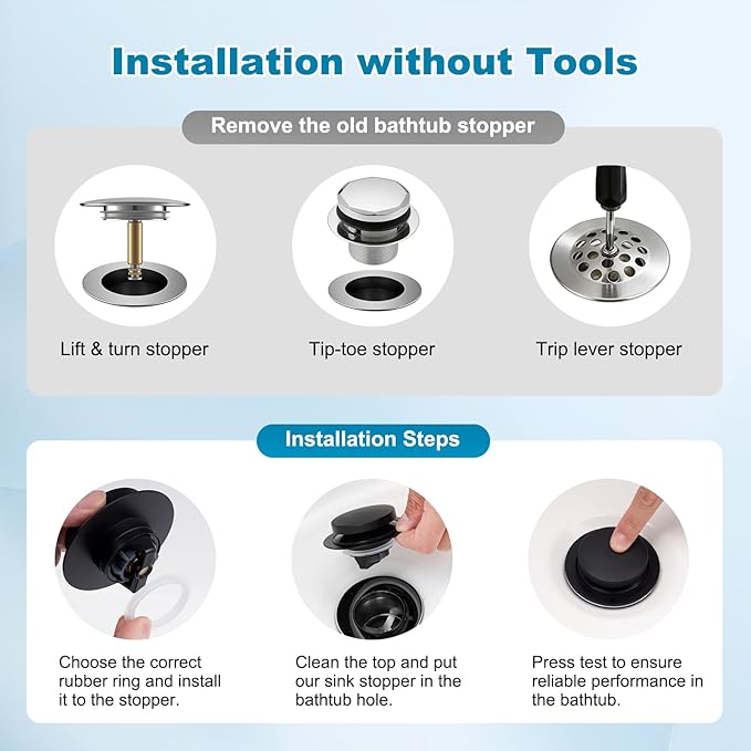 Hibbent 2 Pack 3 in 1 Metal Bathtub Drain Stopper, Universal Pop Up Tub Stopper - Image 4