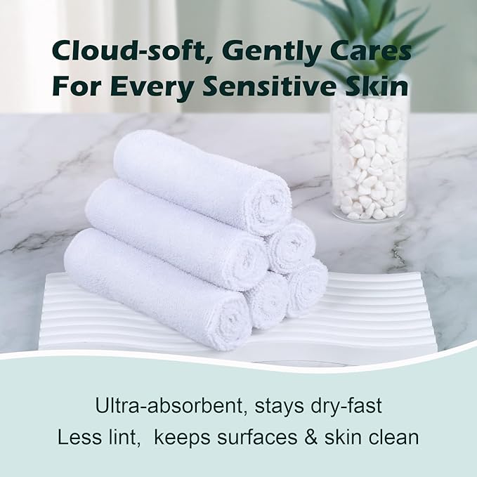 White Washcloths Bulk 50 Pack, Highly Absorbent & Quick Drying Face Towels - Image 3