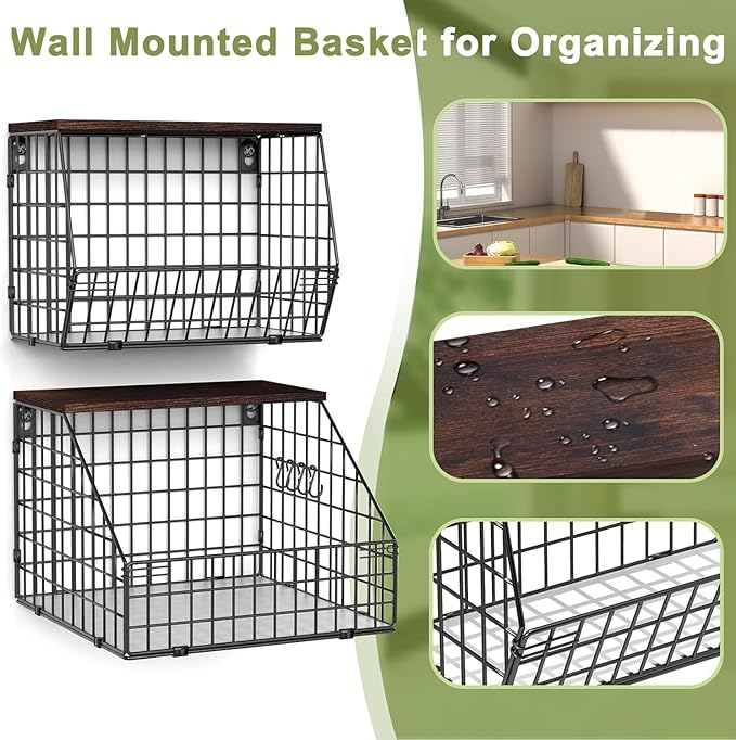Fruit and Vegetable storage, 2 Set Wall Mounted Wire Baskets, Fruit Basket - Image 2
