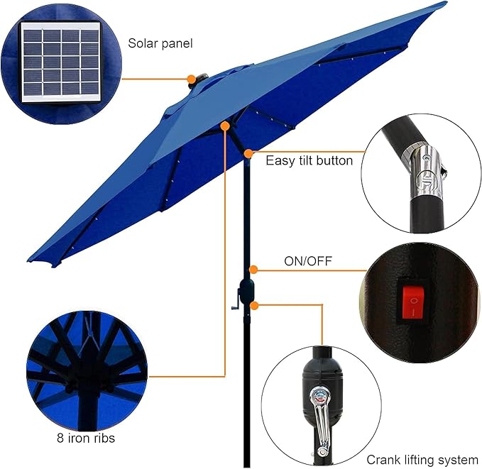 Blissun 9 ft Solar Umbrella 32 LED Lighted Patio Umbrella Table Market Umbrella with Tilt and Crank Outdoor Umbrella for Garden, Deck, Backyard, Pool and Beach (Navy Blue) - Image 2