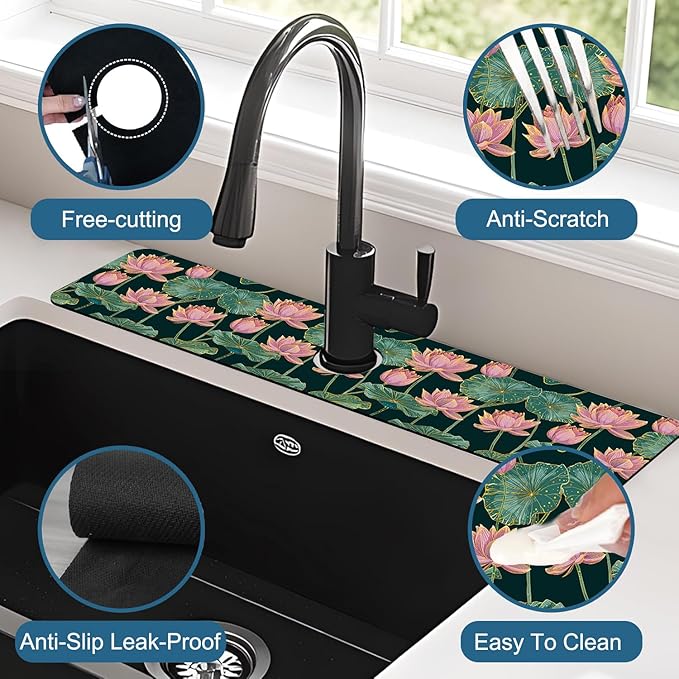Lotus Pond Pattern Kitchen Sink Splash Guard Faucet Mat Lotus Flowers Leaves - Image 4