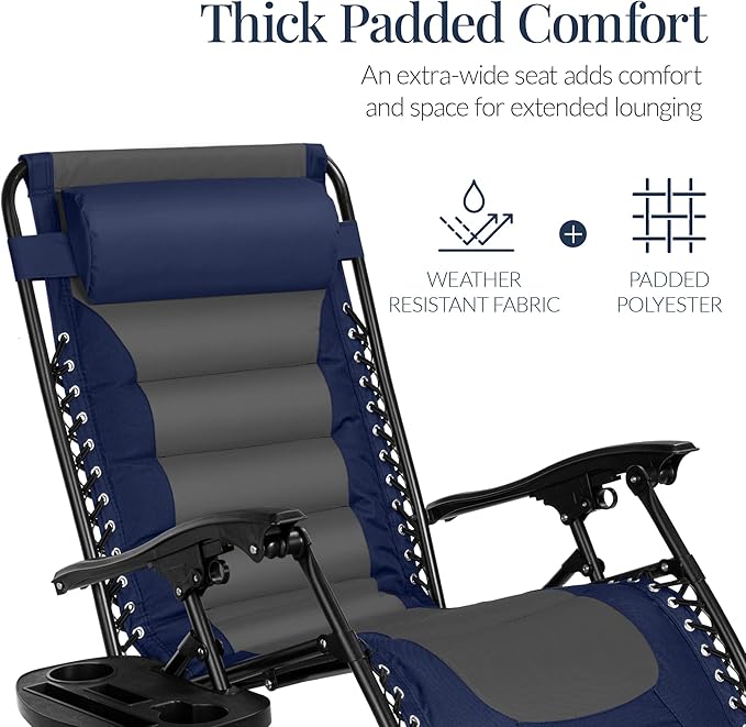 Best Choice Products Oversized Padded Zero Gravity Chair, Folding Outdoor Patio Recliner, XL Anti Gravity Lounger for Backyard w/Headrest, Cup Holder, Side Tray, Polyester Mesh - Navy/Gray - Image 5