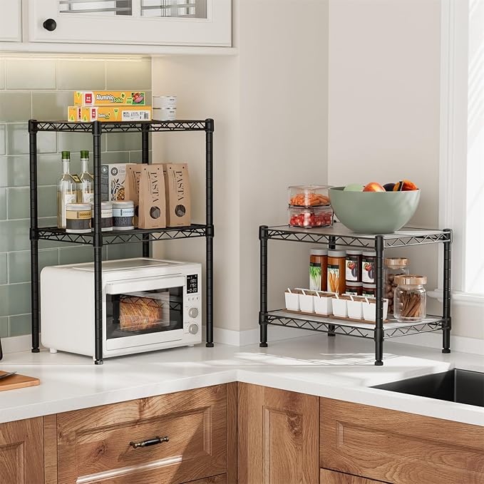 Xcity Storage Shelves, 2 Tier Heavy Duty Metal Shelving Unit with Wheels, 700 LBS Capacity Adjustable Steel Wire Shelf Organizer for Pantry, Kitchen, Garage, 14" D x 24" W x 20" H, Black - Image 5