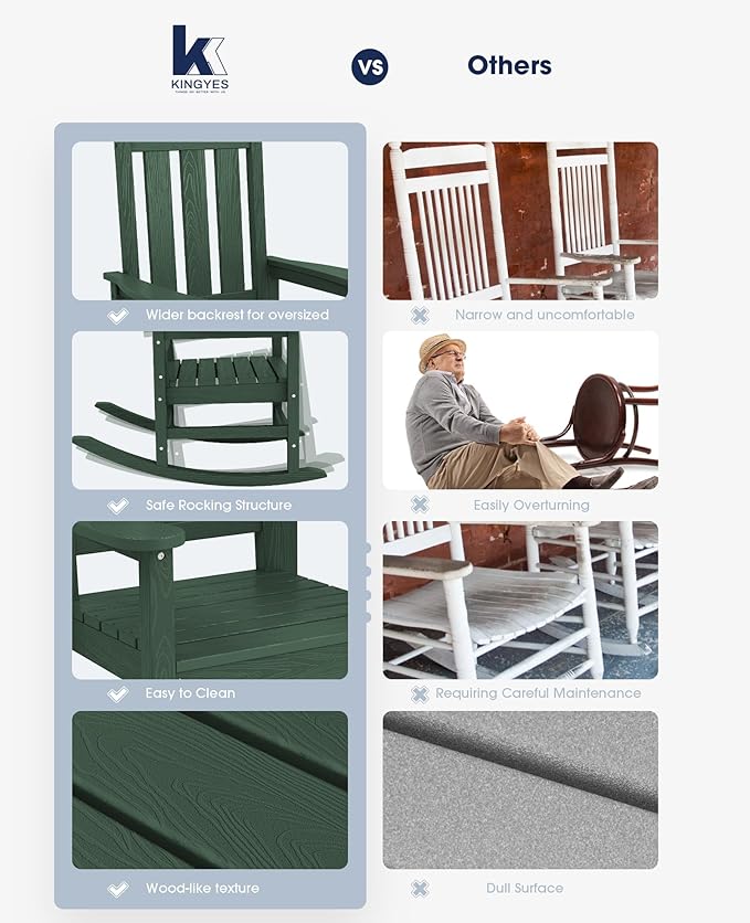 KINGYES Oversized Outdoor Rocking Chair Set of 2, All-Weather Patio Rocking Chairs for Porch, HDPE Outdoor Patio Rockers with High Back & Wide Seat for Garden, Lawn, Green - Image 7