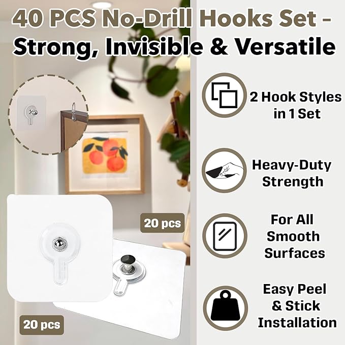 40 PCs Wall Hangers Without Nails, 2 Types Adhesive Hooks - Image 2