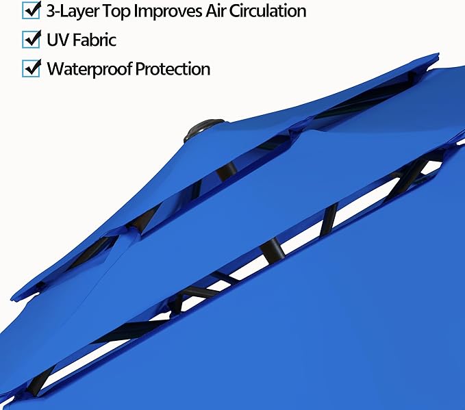 Yaheetech 3 Tier Patio Umbrella 10ft Vented Outdoor Large Market Table Umbrella with 8 Sturdy Ribs and 1.5" Umbrellla Pole, Double-layer Cloth & Push-button Tilting & Crank for Pool/Garden/Lawn Blue - Image 3