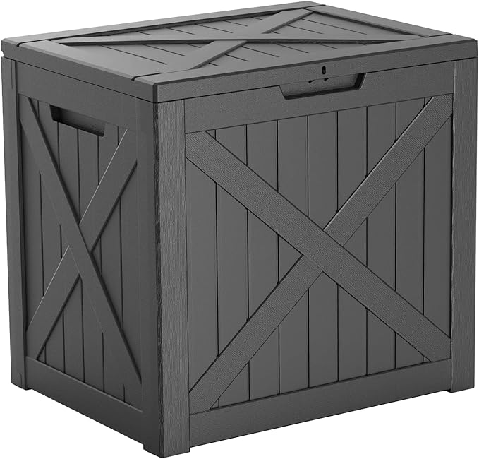ROJIK 32 Gallon Outdoor Storage Housing Deck Box,Waterproof Patio Furniture, Garden Tools, Cushions, Pool Accessories Storage Bench with Lockable Lid and Side Handles(Black) - Image 7