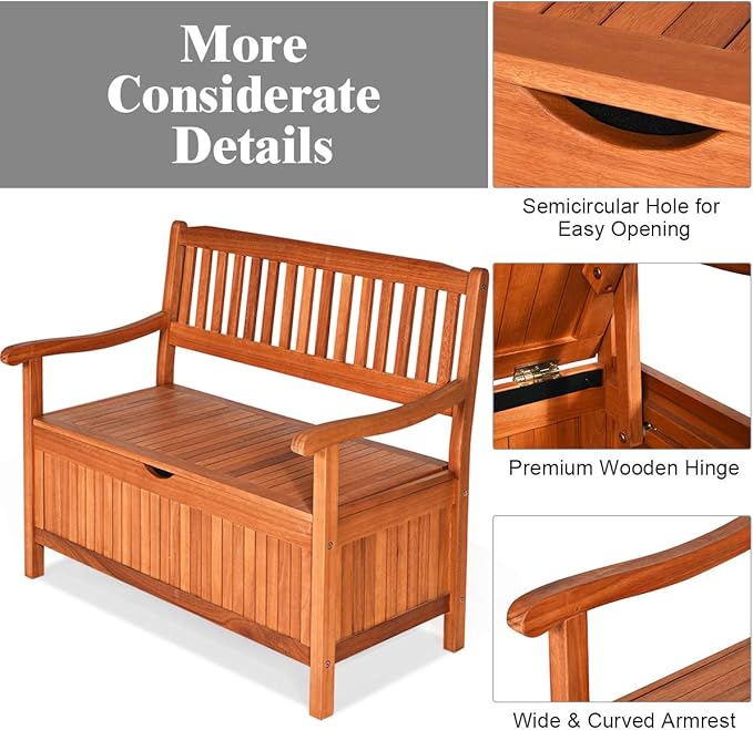 Tangkula Outdoor Wood Storage Bench Deck Box, Entryway Porch Storage Bench with Inner Removable Dust-Proof Lining & Portable Handles, Eucalyptus Wood Loveseat for Garden, Lawn, Balcony & Yard - Image 7