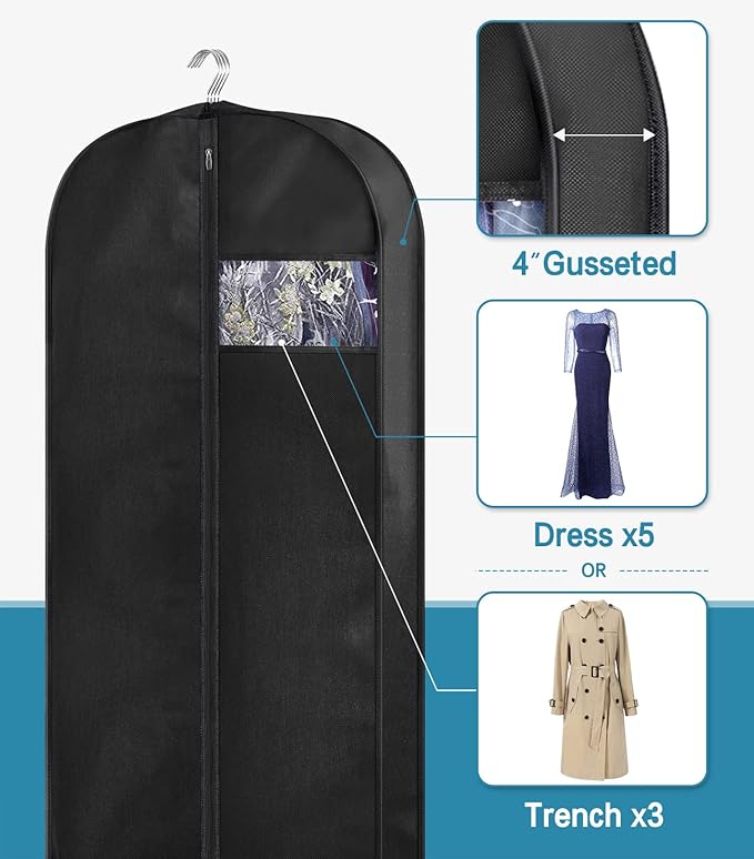 KIMBORA 60" Dress Garment Bags for Hanging Clothes Travel, Gusseted Garment - Image 2