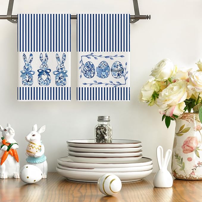 Artoid Mode Blue Stripe Rabbit Bunny Eggs Easter Kitchen Towels Dish Towels - Image 2