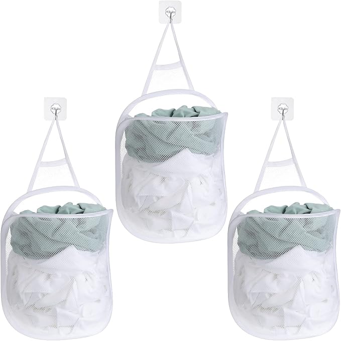3 Pieces Hanging Laundry Hamper Laundry Bag to Hang Foldable Mesh Hamper Dirty by Patelai