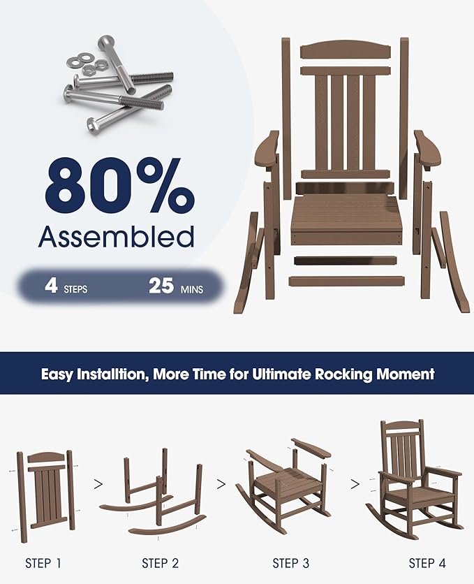 KINGYES HDPE Outdoor Rocking Chair, Widened Seat Patio Rocking Chair, Oversized All Weather Patio Rocker, Brown - Image 8