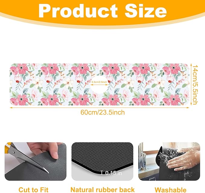 2 Pack Watercolor Floral Sink Faucet Absorbing Mat White Pink Flowers Super - Image 2